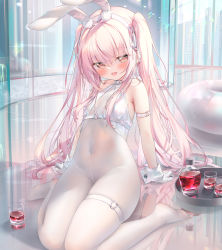 1girl :d absurdres animal_ears blush bodystocking chen_bin extra_ears fake_animal_ears gloves hair_between_eyes hairband highres indoors long_hair no_shoes open_mouth pink_eyes pink_hair rabbit_ears sitting smile solo thigh_strap twintails very_long_hair wariza white_gloves white_hairband wrist_cuffs rating:Sensitive score:77 user:danbooru