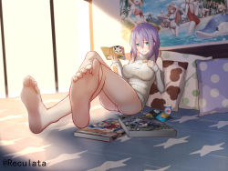 1girl aqua_eyes artist_name ass bare_legs bare_shoulders barefoot blush book breasts character_request chips_(food) clothing_cutout covered_erect_nipples crossed_legs detached_sleeves feet female_focus food foot_focus highres large_breasts legs long_sleeves looking_at_viewer lying m6a2_(panzer_waltz) on_back open_book panties panzer_waltz pillow poster_(object) potato_chips purple_hair reculata ribbed_sweater short_hair shoulder_cutout sleeves_past_wrists soles solo sweater toes underwear vashti_bradley yun_yang rating:Sensitive score:26 user:danbooru