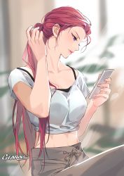 1girl air_pods airpods alternate_hairstyle casual cellphone creatures_(company) crop_top game_freak gearous highres jessie_(pokemon) jewelry lips long_hair nintendo pants phone pokemon pokemon_(anime) ponytail purple_eyes sitting smartphone solo wireless_earphones rating:Sensitive score:49 user:danbooru