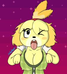  1girl animal_crossing black_eyes blonde_hair blush_stickers breasts cleavage covered_erect_nipples eyelashes furry gradient_background highres isabelle_(animal_crossing) large_breasts nintendo one_eye_closed open_mouth star_(symbol) starry_background tongue tongue_out vest  rating:Questionable score:3 user:coiledtaint