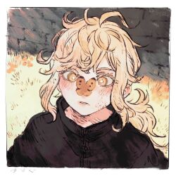  1girl black_shirt blonde_eyebrows blonde_hair blush bright_pupils bug butterfly butterfly_on_nose colored_eyelashes dazed fluffy fluffy_hair grass hair_between_eyes highres insect ito_(silva) long_eyelashes looking_at_animal medium_hair messy_hair open_mouth original outdoors ponytail shirt solo_focus sunlight teeth watercolor_effect white_pupils yellow_eyes 