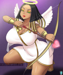  1girl alternate_costume angel angel_wings armband arrow_(projectile) black_hair bow bracer breasts cleavage curvy dark-skinned_female dark_skin dragon_ball dragon_ball_super dress egyptian eyelashes eyeshadow fingernails green_eyes halloween halloween_costume halo heart heart_arrow helles huge_breasts kneeling large_breasts lips lipstick long_hair makeup miniskirt mole mole_under_eye nail_polish pink_nails red_lips sandals skirt solo that-girl-whodraws thick_lips thick_thighs thighs toes white_dress white_wings wings yukihana_draws 