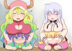 &gt;:( 10s 1boy 3: 3girls :d ^_^ age_difference baseball_cap blank_eyes blonde_hair blush breast_rest breasts breasts_on_head child cleavage_cutout closed_eyes clothing_cutout cross_hair_ornament crossover dragon_girl dragon_horns frown gabriel_dropout gabriel_tenma_white gradient_hair hair_ornament hat horns huge_breasts knives_(knives777) kobayashi-san_chi_no_maidragon large_breasts lucoa_(maidragon) magatsuchi_shouta md5_mismatch multicolored_hair multiple_girls onee-shota open_mouth raphiel_shiraha_ainsworth school_uniform season_connection silver_hair smile trait_connection v-shaped_eyebrows rating:Sensitive score:39 user:danbooru