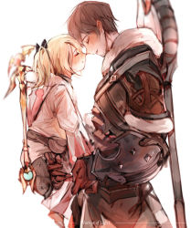 1boy 1girl ardbert_hylfyst axe blush bow closed_eyes final_fantasy final_fantasy_xiv from_side hair_bow height_difference holding holding_person hyur lalafell lamitt noses_touching short_twintails staff tladpwl03 twintails warrior_(final_fantasy) weapon white_background white_mage_(final_fantasy)  rating:Sensitive score:18 user:danbooru
