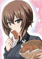  1girl absurdres bag brown_eyes brown_hair commentary_request curry_bread dress_shirt eating food girls_und_panzer giving grey_shirt heart highres holding holding_bag holding_food insignia kuromorimine_school_uniform long_sleeves looking_at_viewer nekobabu7856 nishizumi_maho paper_bag partial_commentary school_uniform shirt short_hair solo wing_collar 
