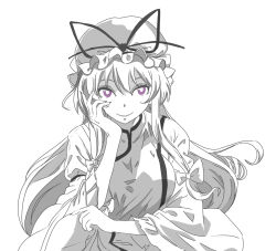  1girl bow closed_mouth commentary_request dress greyscale hair_bow hat hat_ribbon highres long_hair long_sleeves looking_at_viewer mob_cap monochrome nere_stella purple_eyes purple_nails ribbon simple_background smile solo spot_color tabard touhou white_background wide_sleeves yakumo_yukari 