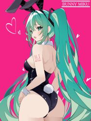  1girl absurdres animal_ears aqua_eyes aqua_hair ass black_leotard coco_irasuto detached_collar from_behind hatsune_miku highres leotard looking_at_viewer looking_back pantyhose pink_background playboy_bunny rabbit_ears rabbit_tail solo strapless strapless_leotard tail tattoo twintails vocaloid white_pantyhose wrist_cuffs 