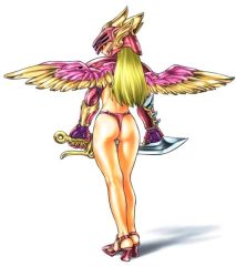  1girl ass blonde_hair character_request helmet high_heels looking_at_viewer looking_back sekigan_juu_mitsuyoshi simple_background solo sword tagme thong ueyama_tetsuro weapon white_background wings  rating:Questionable score:11 user:Generotic