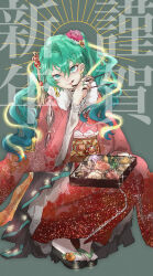  1girl absurdres bento black_skirt blue_eyes chopsticks commentary earrings eyelashes flower food geta glowing green_hair green_nails hair_flower hair_ornament hatsune_miku highres holding holding_chopsticks japanese_clothes jewelry kimono licking_lips long_hair nail_polish osechi pink_kimono pleated_skirt r18ankou ring sandals shrimp skirt smile socks solo squatting sun_symbol tongue tongue_out translation_request twintails vocaloid white_socks 