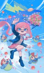 1girl :d animal arm_up blazer blue_eyes blue_footwear blue_jacket blue_pupils blue_sky blue_socks bouquet brown_sweater_vest bulging_eyes collared_shirt commentary_request falling_petals fangs fish floating_hair flower full_body highres horrorboros inkling inkling_girl inkling_player_character jacket loafers long_hair midair montaro_810 mouth_hold necktie nintendo open_clothes open_jacket open_mouth petals pink_flower pink_hair pink_necktie pink_petals pink_skirt plaid plaid_skirt pleated_skirt pointy_ears purple_flower salmon_run_(splatoon) salmonid school_uniform shirt shoes skirt sky smallfry_(splatoon) smile socks splatoon_(series) splatoon_3 squid_girl sweater_vest tentacle_hair tentacles twitter_username very_long_hair waving white_shirt