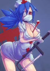 1girl between_breasts blue_hair breasts choker cleavage eyepatch gloves hacksaw hat hirohiran large_breasts leaning_forward looking_at_viewer mask mouth_mask nurse_cap red_hair saw short_hair simple_background skullgirls solo surgical_mask symbol-shaped_pupils thermometer thighs valentine_(skullgirls) white_background