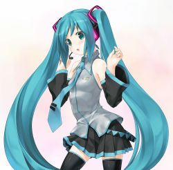 1girl aqua_hair breasts detached_sleeves green_eyes hatsune_miku headset highres long_hair open_mouth skirt small_breasts solo thighhighs twintails very_long_hair vocaloid wacchi rating:Sensitive score:17 user:danbooru