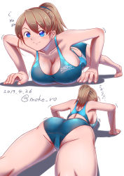 1girl ass blue_eyes blue_one-piece_swimsuit breasts brown_hair cameltoe character_name cleavage commentary_request competition_swimsuit dated english_text exercising intrepid_(kancolle) kantai_collection large_breasts moke_ro multiple_views one-piece_swimsuit ponytail push-ups short_hair simple_background swimsuit twitter_username white_background rating:Questionable score:14 user:danbooru