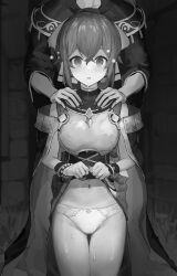 1boy 1girl absurdres armor bare_shoulders bow bracelet breastplate cape clothes_lift cum delthea_(fire_emblem) dress empty_eyes facial fingernails fire_emblem fire_emblem_echoes:_shadows_of_valentia hair_bow highres jewelry lifting_own_clothes long_hair looking_at_viewer mind_control navel nintendo open_mouth panties ponytail robe skirt skirt_lift underwear yomogi_(mayonaka_030)  rating:Explicit score:44 user:danbooru