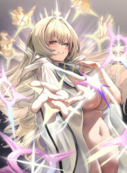  1girl absurdres blonde_hair blue_eyes blush breasts commentary crown_(naked_king)_(nikke) crown_(nikke) drill_hair english_commentary goddess_of_victory:_nikke grey_background hair_intakes highres jindogod large_breasts light_censor light_particles long_hair looking_at_viewer naked_shirt navel official_alternate_costume outstretched_arm shirt simple_background solo stomach too_many_drills upper_body white_shirt 