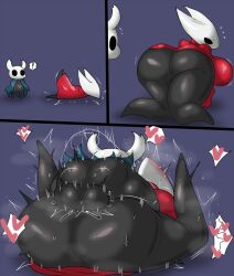  1boy 1girl all_fours ass black_skin blush breasts clothed_sex clothes colored_skin enigi09 heart highres hollow_knight hornet_(hollow_knight) huge_breasts knight_(hollow_knight) large_penis lying mating_press open_mouth penis sex size_difference speech_bubble  rating:Explicit score:21 user:xAkira
