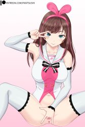  1girl absurdres anus blue_eyes blush breasts brown_hair censored female_focus female_masturbation fingering gradient_background hair_ornament highres kizuna_ai kizuna_ai_inc. lace looking_at_viewer masturbation mosaic_censoring mouth_hold pantsushi patreon_username pink_hair pussy pussy_juice rabbit_hair_ornament ribbon solo thighhighs virtual_youtuber watermark web_address wet  rating:Explicit score:44 user:PenguinMayCry