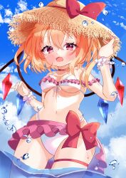  1girl absurdres bare_shoulders blonde_hair blue_sky blush bow breasts brown_hat collarbone cowboy_shot crystal day fang female_focus flandre_scarlet hair_between_eyes hand_on_headwear hat hat_bow hat_ribbon highres iris_(airisu495) loli looking_at_viewer medium_breasts medium_hair midriff multicolored_wings navel open_mouth outdoors red_bow red_eyes red_ribbon ribbon skin_fang sky solo standing straw_hat swimsuit touhou wading water wings wrist_cuffs  rating:Sensitive score:18 user:danbooru