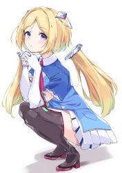 1girl :o absurdres aki_rosenthal aki_rosenthal_(1st_costume) anbasa_(amaneyuz13) blonde_hair blue_eyes blush boots detached_hair elbow_gloves from_side gloves high_heel_boots high_heels highres hololive long_hair looking_up necktie own_hands_together red_necktie shadow solo squatting thigh_boots thighhighs twintails virtual_youtuber white_background white_gloves rating:Sensitive score:9 user:danbooru