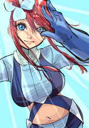  1girl blue_eyes blue_gloves breasts creatures_(company) crop_top cropped_jacket game_freak gloves highres light_blue_background liu_yue_shi_ri looking_at_viewer midriff navel nintendo pokemon pokemon_bw red_hair salute skyla_(pokemon) solo 