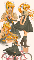  1990s_(style) 1girl absurdres air_(visual_novel) arms_behind_back ascot bicycle bicycle_basket blonde_hair blue_eyes blush boots bow camera closed_eyes cross_ornament dress grin hair_bow highres holding holding_camera kamio_misuzu long_hair longmei_er_de_tuzi looking_at_viewer looking_back ponytail puffy_short_sleeves puffy_sleeves retro_artstyle school_uniform short_sleeves simple_background smile uniform v walking white_background wind 