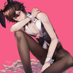 1boy animal_ears bare_arms bare_shoulders black_vest blush brown_hair commentary embarrassed endend_(shinia) feet_out_of_frame fishnet_pantyhose fishnets granblue_fantasy looking_away male_focus male_playboy_bunny open_clothes open_shirt pantyhose paper pectoral_cleavage pectorals pink_background rabbit_ears red_eyes sandalphon_(granblue_fantasy) shirt short_hair signature simple_background sitting sleeveless sleeveless_shirt solo tagme tights_day vest white_shirt wrist_cuffs rating:Sensitive score:12 user:danbooru