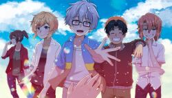  1girl 1other 3boys androgynous animification beanie black_hair black_jacket blonde_hair blue_sky buxley_krills closed_eyes genzou_ichihara gidget_bordelle glasses green_eyes grin hat highres iggy_maxwell jacket multicolored_clothes multicolored_jacket multiple_boys orange_hair orlam_brewbacher our_wonderland outstretched_hand purple_eyes rattail red_eyes red_hair shirt short_ponytail sky smile wavy_hair white_hair white_jacket white_shirt ximsol182 