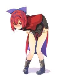 1girl bad_id bad_pixiv_id bent_over blush bow cape hair_bow hasebe_yuusaku panties panty_pull red_eyes red_hair sekibanki shirt skirt solo suggestive_fluid touhou underwear undressing wavy_mouth white_panties rating:Questionable score:69 user:danbooru