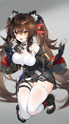  1girl :d black_bow black_footwear black_gloves black_jacket black_skirt boots bow breasts brown_eyes brown_hair fang fingerless_gloves full_body girls&#039;_frontline girls&#039;_frontline_2:_exilium gloves grey_background hair_bow hands_up hatoyama_itsuru highres holster jacket jumping knee_boots legs_up long_hair looking_at_viewer medium_breasts miniskirt open_mouth red_bow shirt skindentation skirt smile solo thigh_holster thighhighs twintails type_97_(girls&#039;_frontline) underbust v-shaped_eyebrows v_over_mouth very_long_hair white_shirt white_thighhighs zettai_ryouiki 