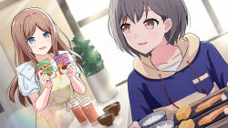  2girls apron bang_dream! bang_dream!_it&#039;s_mygo!!!!! blue_eyes blue_hoodie blush bowl brown_hair commentary_request cup drawstring drinking_glass dutch_angle fish_(food) food furikake_(food) grey_hair highres holding holding_tray hood hoodie indoors long_hair looking_at_another miso_soup multiple_girls nagasaki_soyo novi_visual omelet open_mouth parted_lips plant potted_plant red_eyes rice shirt short_hair smile sparkle takamatsu_tomori tamagoyaki tray white_shirt yellow_apron 