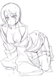  1girl all_fours breasts female_focus garter_straps konakona long_sleeves looking_at_viewer monochrome naruto naruto_(series) nipples open_clothes shizune_(naruto) short_hair sketch smile solo  rating:Questionable score:37 user:vjfri
