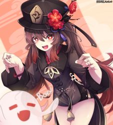  1girl black_headwear black_shorts brown_hair chinese_clothes cowboy_shot ddangbi english_text eyes_closed fang flower genshin_impact ghost hat hu_tao jewelry open_mouth red_eyes red_flower ring short_shorts shorts smile symbol-shaped_pupils twintails 