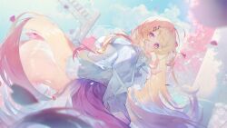  1girl blonde_hair blue_sky blurry blurry_foreground cherry_blossoms closed_mouth cloud cloudy_sky day dotori_(seulseul) falling_petals fortissimo gradient_hair hair_ornament hairpin happy highres hololive hololive_dev_is jacket long_hair long_sleeves looking_at_viewer multicolored_hair musical_note musical_note_hair_ornament otonose_kanade outdoors petals pink_eyes pink_hair pink_petals pink_skirt pleated_skirt sidelocks skirt sky smile solo spring_(season) tree very_long_hair virtual_youtuber white_jacket 