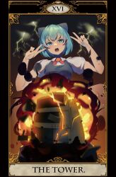  1girl annyui_(cookie) beji-kun blue_bow blue_eyes blue_hair blush bow bowtie breasts cirno collared_shirt commentary_request cookie_(touhou) double_v explosion fire hair_bow highres niconico niconico_headquarters_(harajuku) open_mouth puffy_short_sleeves puffy_sleeves red_bow red_bowtie roman_numeral shirt short_hair short_sleeves small_breasts solo spread_legs tarot tarot_(medium) the_tower_(tarot) touhou upper_body v white_shirt 