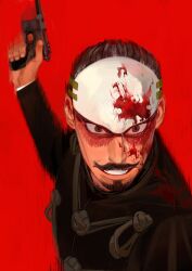  1boy absurdres bergmann-bayard_pistol black_eyes black_hair blood blood_on_clothes blood_on_face buttons collared_jacket facial_hair forehead_protector goatee golden_kamuy grin gun highres holding holding_gun holding_weapon jacket kajibaji lips long_sleeves male_focus military military_uniform motion_blur motion_lines mustache nose red_background scar scar_on_face short_hair sideburns simple_background smile solo stubble teeth tsurumi_tokushirou uniform upper_body weapon 