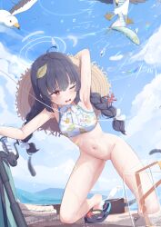 1girl absurdres ahoge arm_up bikini bird black_footwear black_hair blue_archive blue_sky blush bottomless breasts brown_hat chinese_commentary cleft_of_venus commentary_request coral crocs grey_halo groin halo hat hat_on_back highres kneeling leaf_print miyu_(blue_archive) miyu_(swimsuit)_(blue_archive) navel official_alternate_costume one_eye_closed outdoors parted_lips petite print_bikini pussy red_eyes sky small_breasts solo starfish straw_hat swimsuit t-hou wavy_mouth white_bikini rating:Explicit score:99 user:danbooru