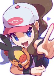  1girl :d baseball_cap black_vest black_wristband blue_eyes brown_hair commentary creatures_(company) game_freak gen_5_pokemon grey_outline hat heart highres hilda_(pokemon) holding holding_pokemon long_hair nintendo omochi_(omotimotittona3) open_clothes open_mouth open_vest outline outstretched_arm pig pink_hat pokemon pokemon_(creature) pokemon_bw ponytail simple_background smile teeth tepig two-tone_headwear v vest white_background white_hat wristband  rating:General score:2 user:danbooru