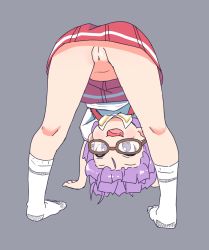  1girl :3 bent_over borrowed_character cleft_of_venus dorothy_sofiel fang from_behind full_body glasses highres kiirokuma legs_apart loli looking_through_own_legs no_panties open_mouth original presenting purple_eyes purple_hair pussy shirt short_sleeves skirt socks solo uncensored white_shirt white_socks  rating:Explicit score:107 user:Domestic_Importer