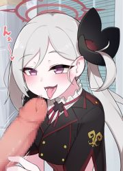  1girl blue_archive censored fellatio halo hetero highres licking licking_penis long_hair military military_uniform mosaic_censoring mutsuki_(blue_archive) oral paingumi penis purple_eyes side_ponytail silver_hair smile tongue tongue_out uniform  rating:Explicit score:37 user:Recycle