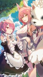  2girls animal_ears apron black_dress breasts clothing_cutout color_connection day detached_sleeves dress goddess_of_victory:_nikke hair_color_connection hair_over_one_eye highres holding holding_leash large_breasts leash leona_(nikke) lion long_hair long_sleeves looking_at_another maid maid_apron maid_headdress multiple_girls niac open_mouth outdoors pink_eyes pink_hair ram_(re:zero) shoulder_cutout sideboob timi_(nikke) white_dress yellow_eyes 