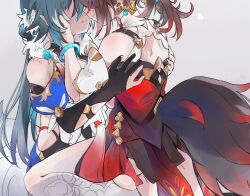  2girls bare_shoulders black_dress black_gloves blue_hair bracelet brown_hair closed_mouth clothing_cutout commentary dress earrings fud gloves grey_background hand_on_another&#039;s_face hands_on_another&#039;s_back heart highleg highleg_panties highres honkai:_star_rail honkai_(series) jewelry long_hair multicolored_hair multiple_girls panties partially_fingerless_gloves red_hair shoulder_cutout simple_background sitting sitting_on_lap sitting_on_person smile streaked_hair symbol-only_commentary tail tingyun_(honkai:_star_rail) underwear white_footwear wolf_tail yukong_(honkai:_star_rail) yuri 