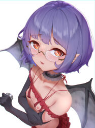  1girl absurdres alternate_costume bat_wings black_choker black_gloves blue_hair bra breasts choker cupless_bra earclip elbow_gloves fangs frilled_choker frills from_above furrowed_brow g2_xpf gloves highres lips loli looking_at_viewer nipples open_mouth orange_eyes plaid plaid_skirt pleated_skirt pointy_ears red_bra red_skirt remilia_scarlet rimless_eyewear short_hair simple_background skirt small_breasts solo touhou underwear upper_body white_background wings 