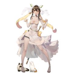  1girl animal_ears animal_hands artist_request bare_legs bare_shoulders blush bracelet breasts bridal_garter brown_fur brown_hair cat_ears cat_tail center_opening cleavage closed_eyes closed_mouth collar collarbone covered_navel cross-laced_straps detached_sleeves dress esmeralda_(final_gear) fake_animal_ears final_gear floating floating_object full_body hair_between_eyes hair_ribbon high_heels jewelry lace lace-trimmed_dress lace_trim long_sideburns long_sleeves mandarin_collar official_art orange_fur paw_pose pelvic_curtain ribbon rubbing see-through_veil shoe_strap short_hair sideburns simple_background sleeves_past_wrists solo standing striped_sash sword tachi-e tail teeth third-party_source two-tone_sash upper_teeth_only weapon wedding_dress white_background white_collar white_dress white_fur white_veil yellow_eyes yellow_ribbon 