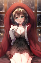  1girl bare_shoulders black_dress breasts brown_hair cleavage collarbone dress green_eyes highres indoors large_breasts legs_together light_blush looking_at_viewer medium_hair night on_bed open_mouth original sidelocks sitting sleeveless sleeveless_dress smile snowing solo thighs wariza window yuzuna_hiyo 