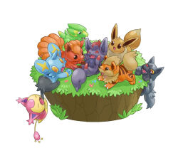 animal_focus artist_request blonde_hair blue_hair bright_pupils brown_eyes brown_hair claws closed_eyes colored_sclera creatures_(company) eevee electrike fang flower game_freak gen_1_pokemon gen_3_pokemon gen_4_pokemon gen_5_pokemon grass green_hair grey_hair growlithe nintendo no_humans open_mouth orange_hair pokemon poochyena red_eyes red_hair shinx skitty vulpix white_pupils yellow_sclera zorua