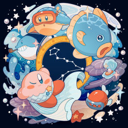  :o absurdres black_background blipper blue_eyes blush blush_stickers clam closed_mouth constellation copy_ability coral diving_mask fatty_whale fish gem glef_life goggles grin highres kine_(kirby) kirby kirby_(series) looking_at_viewer mamanti mouth_hold nintendo no_humans one_eye_closed open_mouth pearl_(gemstone) sand simple_background smile smoking_pipe sparkle star_(symbol) star_in_eye starfish symbol_in_eye teeth water water_drop 