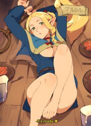  1girl areola_slip barefoot belt blonde_hair blue_capelet brown_belt capelet commentary dungeon_meshi elf english_commentary english_text feet foot_out_of_frame green_eyes highres holding holding_staff knee_up legs long_hair looking_at_viewer lying marcille_donato on_back on_table open_mouth parted_bangs pointy_ears solo squeezable_(squeezabledraws) staff subtitled table toenails toes wooden_table  rating:Questionable score:40 user:danbooru