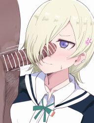  1boy 1girl anger_vein bar_censor blonde_hair censored closed_mouth clothed_female_nude_male collarbone collared_shirt commentary_request ear_piercing erection green_ribbon hair_over_one_eye hairjob highres jacket looking_at_penis love_live! love_live!_nijigasaki_high_school_idol_club mia_taylor neck_ribbon nijigasaki_academy_school_uniform nude one_eye_covered penis penis_on_face piercing purple_eyes ribbon school_uniform shirt short_hair sweat tearing_up upper_body v-shaped_eyebrows wewe white_background white_jacket winter_uniform 