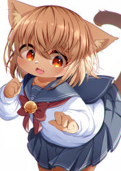  1girl animal_ear_fluff blue_skirt blush child clothes_lift collarbone fang furry furry_female hair_between_eyes highres ne_(nefuraito336) orange_eyes ribbon simple_background skirt skirt_lift solo tail white_background  rating:Sensitive score:5 user:SexyCircusBaby