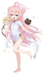  1girl :d alternate_costume bare_legs barefoot blue_archive blue_eyes china_dress chinese_clothes commentary covered_navel double_bun dress fang flat_chest full_body hair_between_eyes hair_bun hair_flaps hair_ornament hand_fan heterochromia highres holding holding_fan hoshino_(blue_archive) long_hair looking_at_viewer meettheton open_mouth orange_eyes petals pink_hair short_dress short_sleeves simple_background smile solo star_(symbol) star_hair_ornament very_long_hair white_background white_dress 